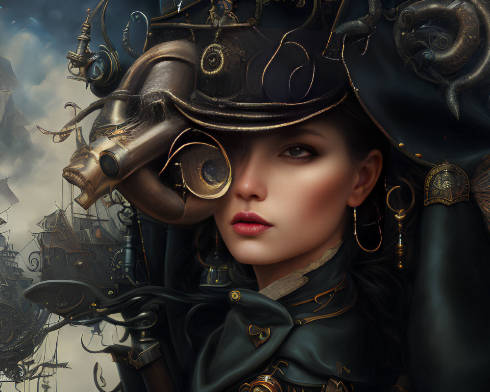 Steampunk-themed portrait featuring woman with mechanical hat and airships.
