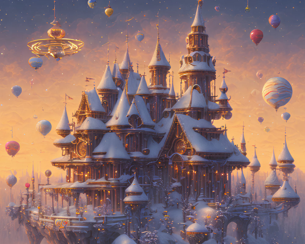 Enchanting castle with spires and hot air balloons at twilight