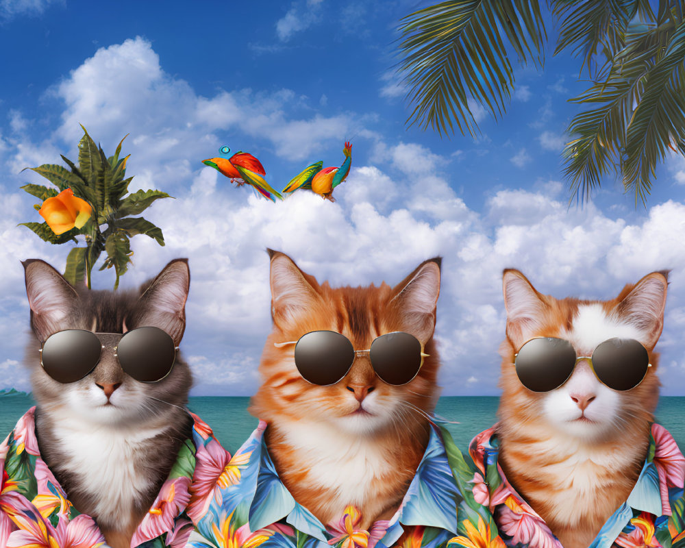 Three cats in sunglasses and tropical shirts under clear blue sky with flying birds.