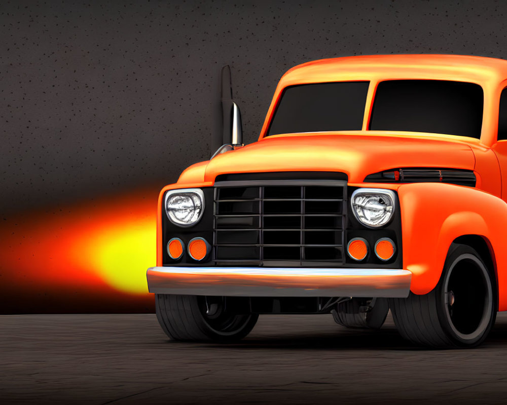 Vintage Orange Pickup Truck with Glowing Headlights and Fiery Streaks