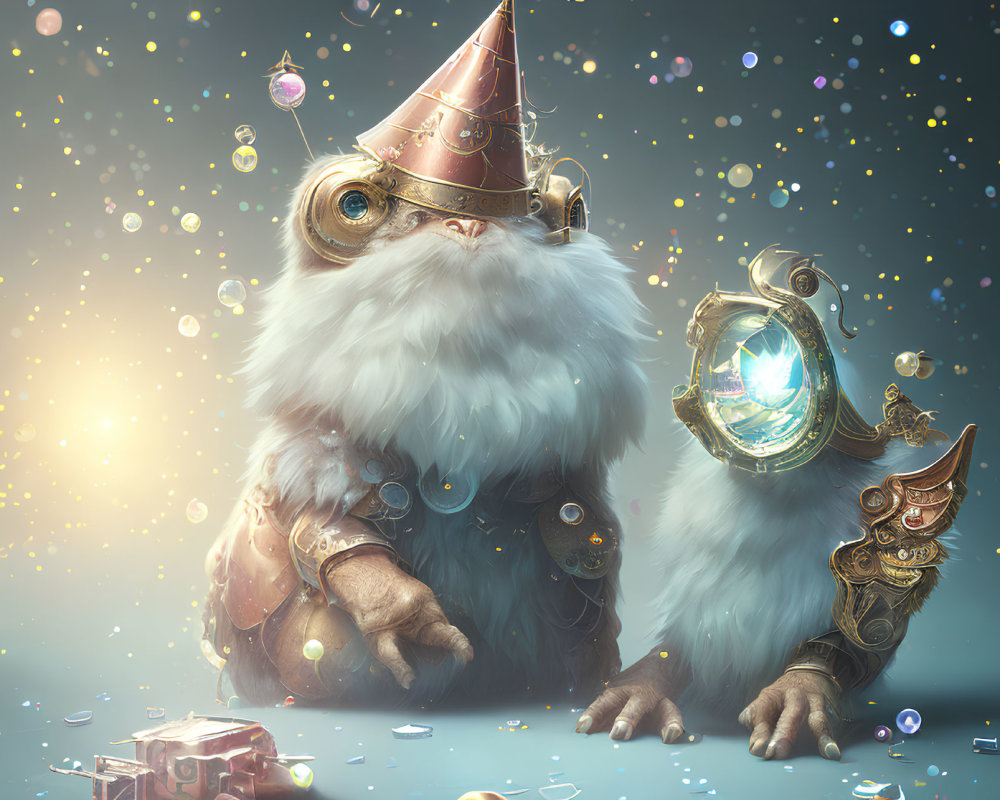Whimsical furry creature with large eyes and party hat holding clockwork heart surrounded by bubbles and glowing