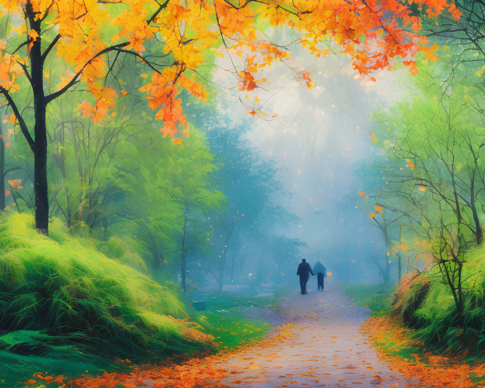 Person and Dog Walking in Serene Autumn Scene