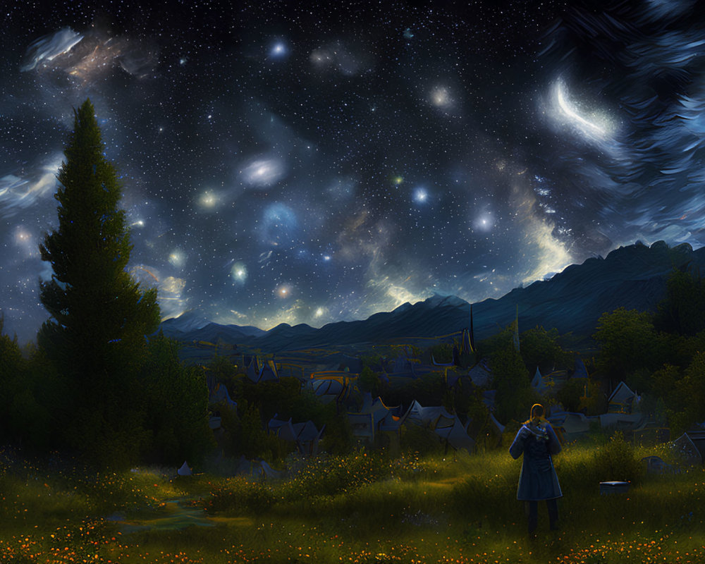 Person in Starlit Meadow Observing Cosmic Village Under Swirling Sky