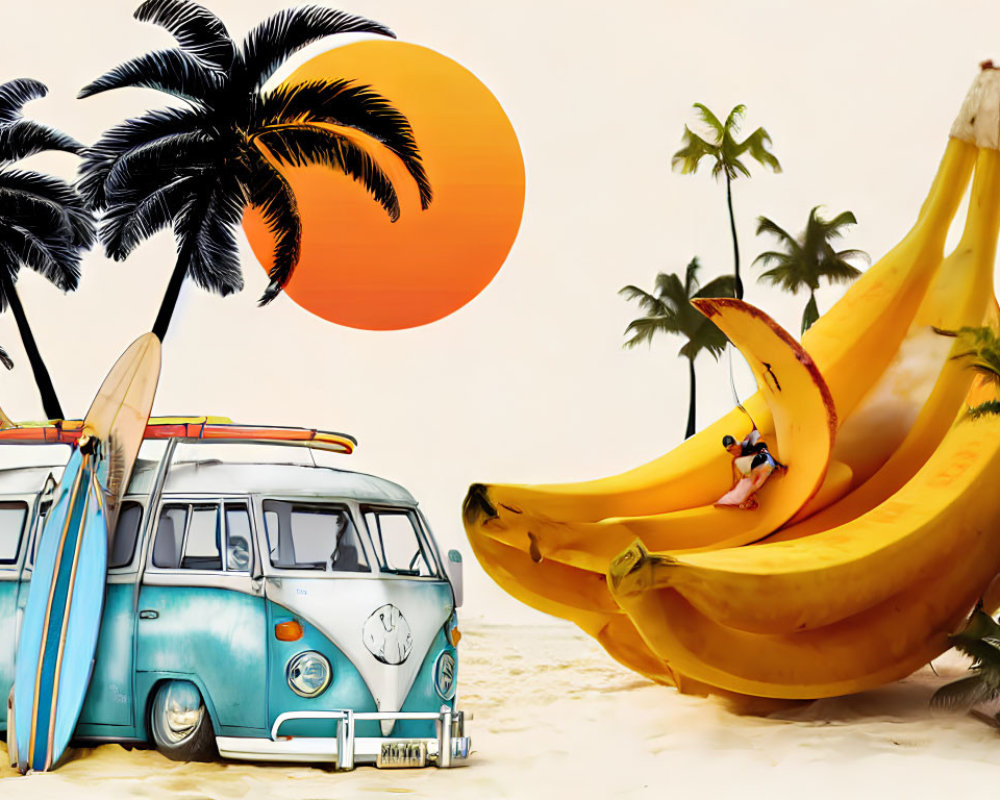 Surreal beach scene with vintage van, palm trees, sun, and person on banana