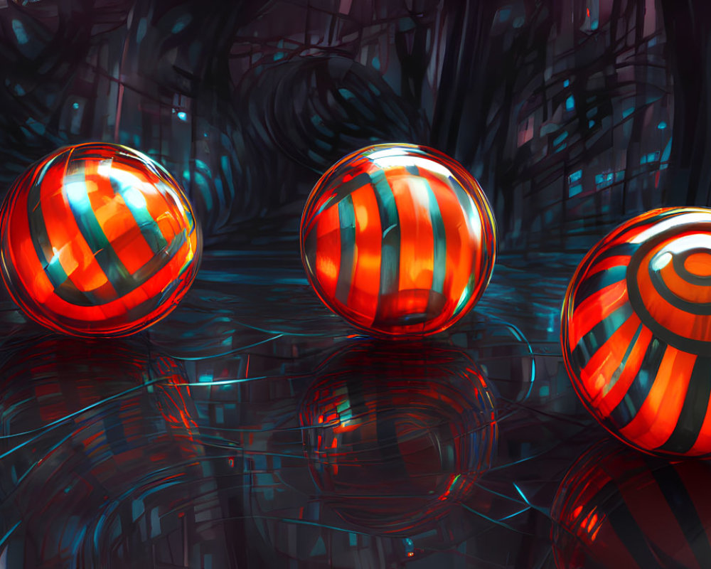 Three red striped spheres on reflective blue surface with complex lines on dark background
