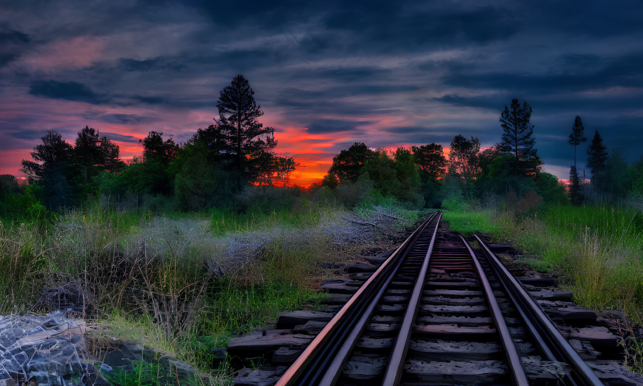 Scenic railroad tracks at sunset with silhouetted trees
