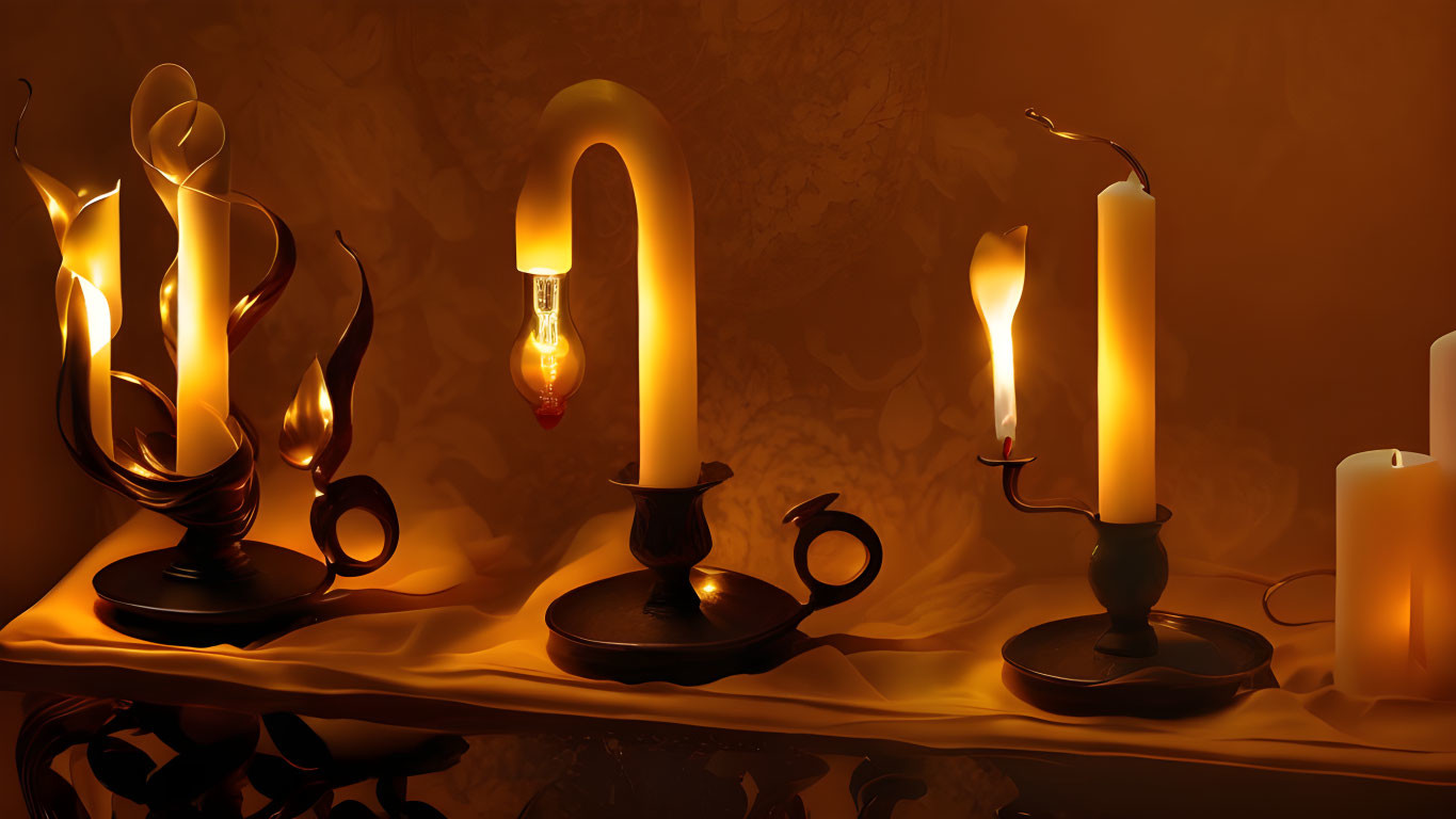 Three whimsical flame-shaped bulb candle holders on warm amber backdrop