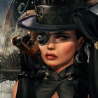 Steampunk-themed portrait featuring woman with mechanical hat and airships.