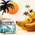 Surreal beach scene with vintage van, palm trees, sun, and person on banana