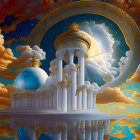 Opulent fantasy palace with golden domes and celestial sky