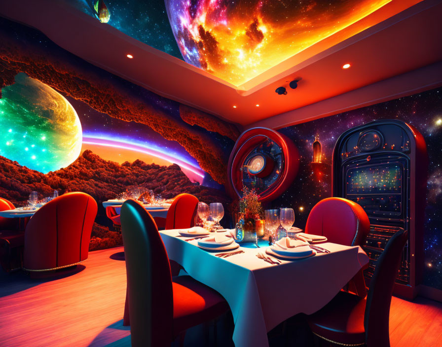 Cosmic Wall Art and Galactic Dinner Setting in Sci-Fi Restaurant