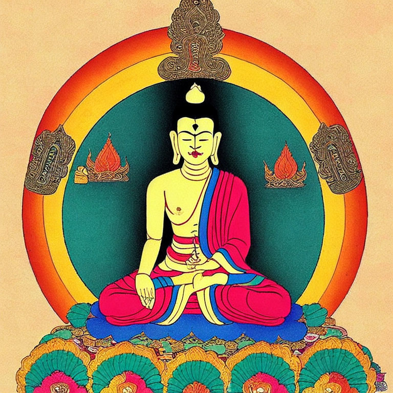 Colorful Buddha Meditation Illustration with Lotus and Flame Motifs