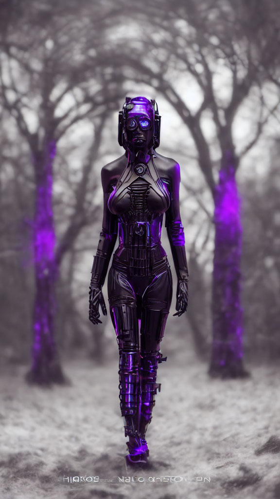 Sleek black futuristic female robot with glowing purple lights in misty forest