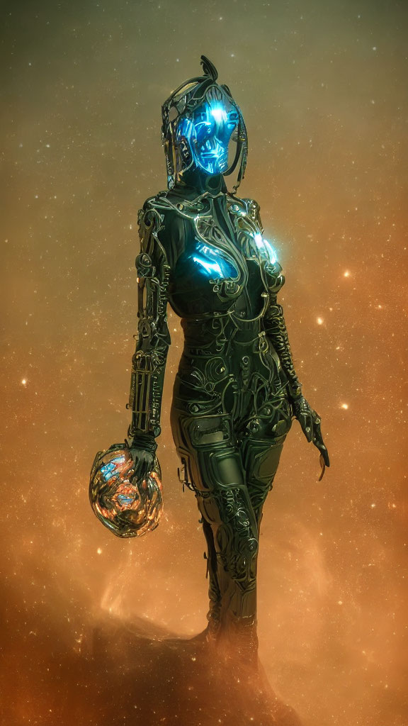 Futuristic robotic figure with glowing blue elements in starry setting holding spherical object