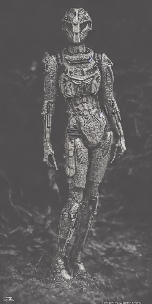 Monochrome humanoid robot with intricate armor and glowing blue elements on dark background