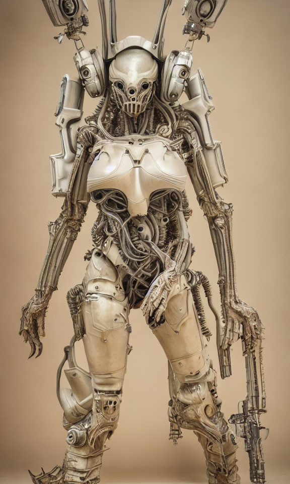Intricate humanoid robot with skeleton-like head on tan background