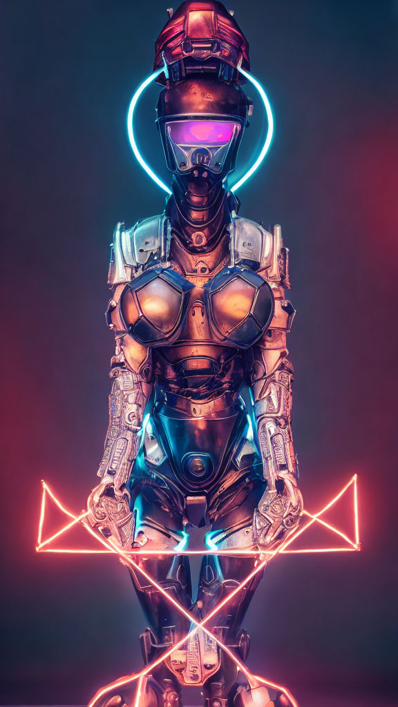 Futuristic robot with neon accents on red backdrop with blue shapes