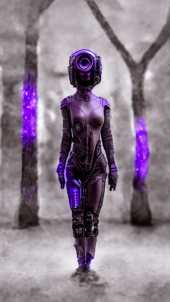 Purple-Visored Humanoid Robot in Misty Landscape with Glowing Crystals
