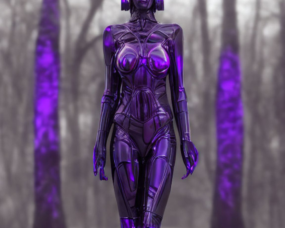 Reflective Purple Humanoid Robot in Misty Barren Forest
