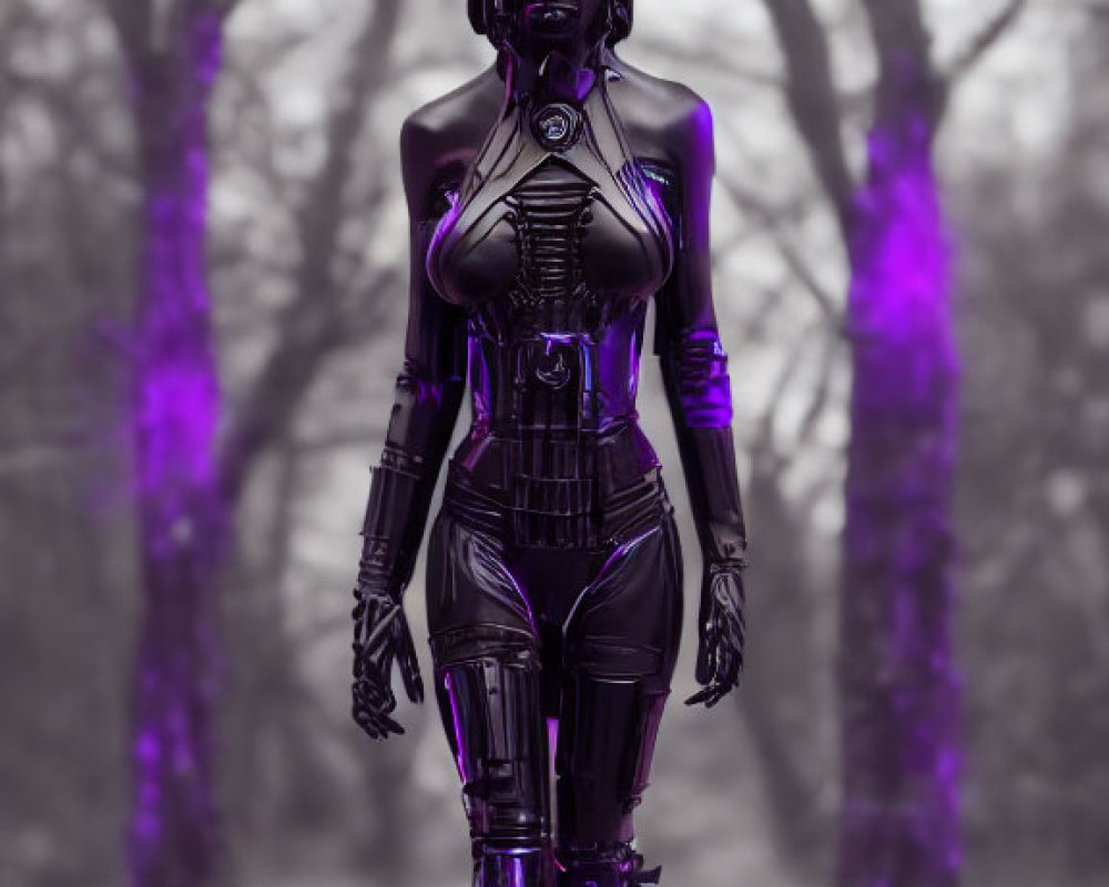 Sleek black futuristic female robot with glowing purple lights in misty forest