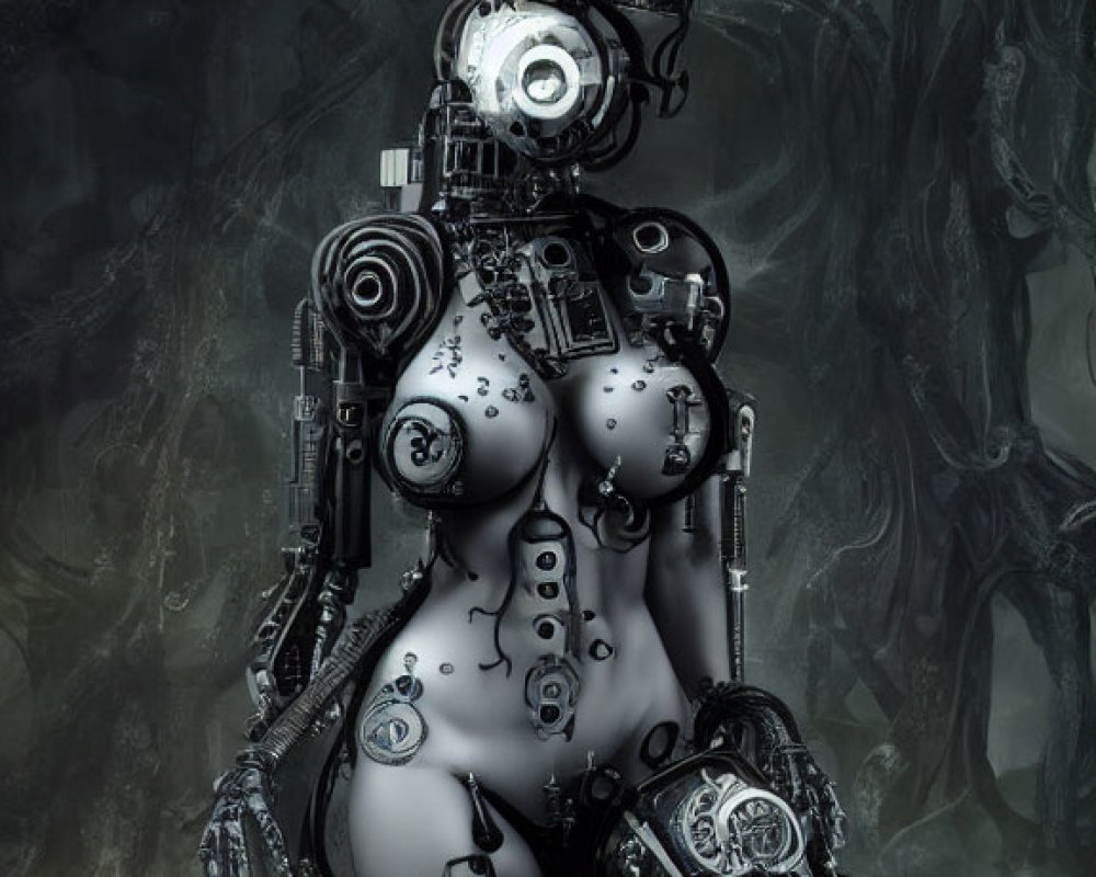 Detailed humanoid robot in misty forest with full moon