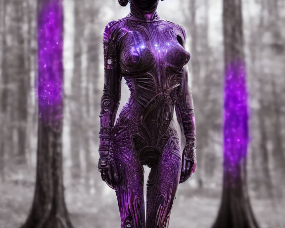 Purple Robot in Intricate Design Amid Misty Forest with Glowing Elements