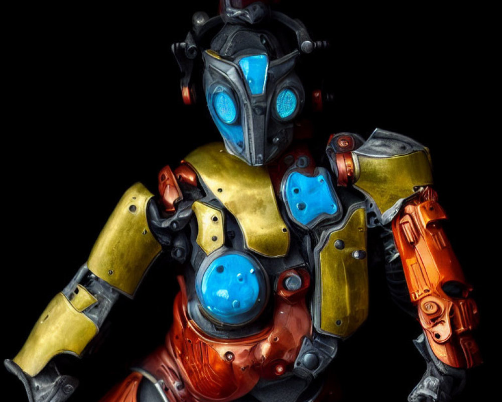 Detailed illustration of a colorful robot with yellow and blue armor, orange arm cannon, and glowing blue eyes