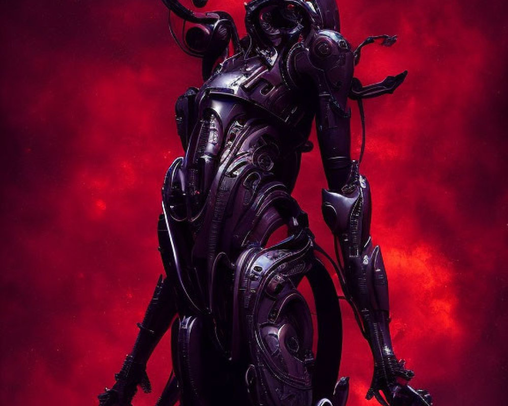 Menacing humanoid robot in sleek black armor on vivid red backdrop