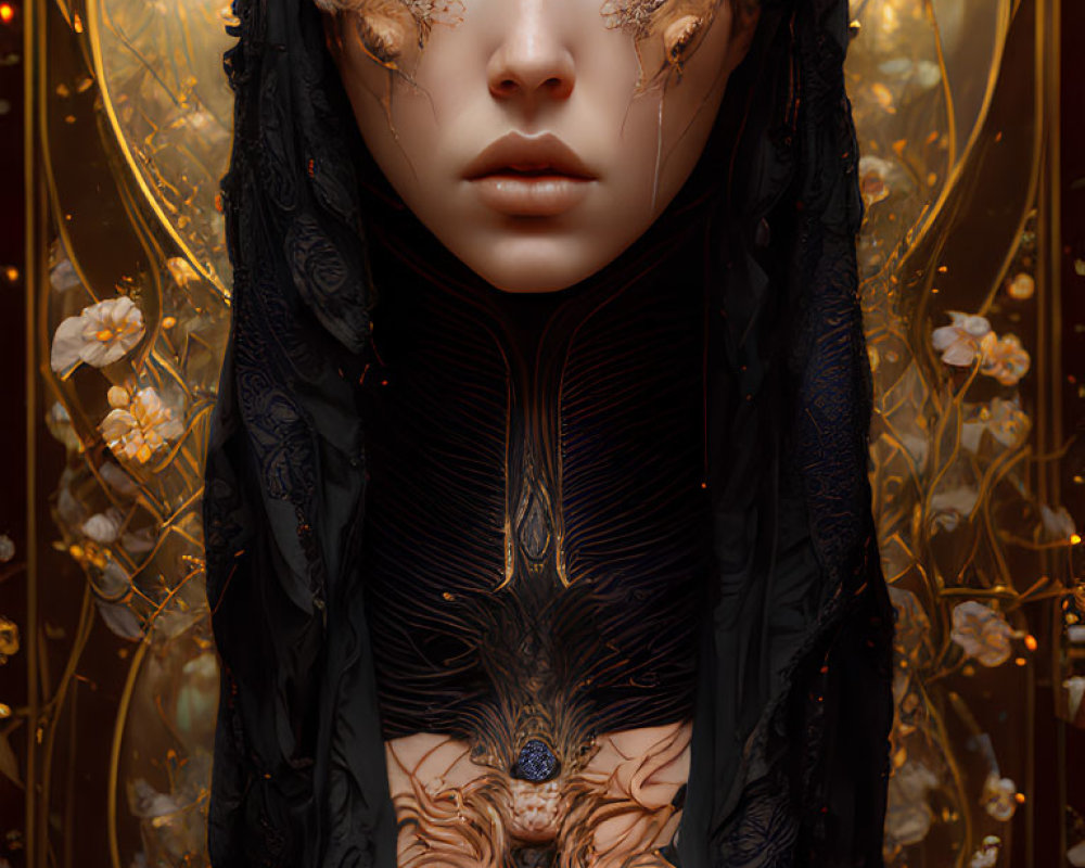 Detailed Fantasy Female Figure with Elaborate Golden Headgear