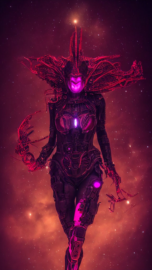 Futuristic female figure in black and purple armor on cosmic background