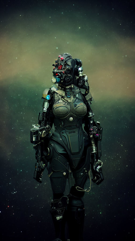 Detailed Black Armor on Female Android in Starry Space
