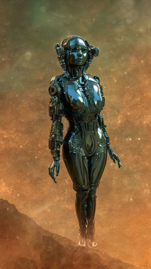 Glossy black humanoid robot with intricate mechanical details on amber backdrop