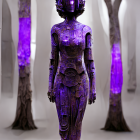 Purple Robot in Intricate Design Amid Misty Forest with Glowing Elements