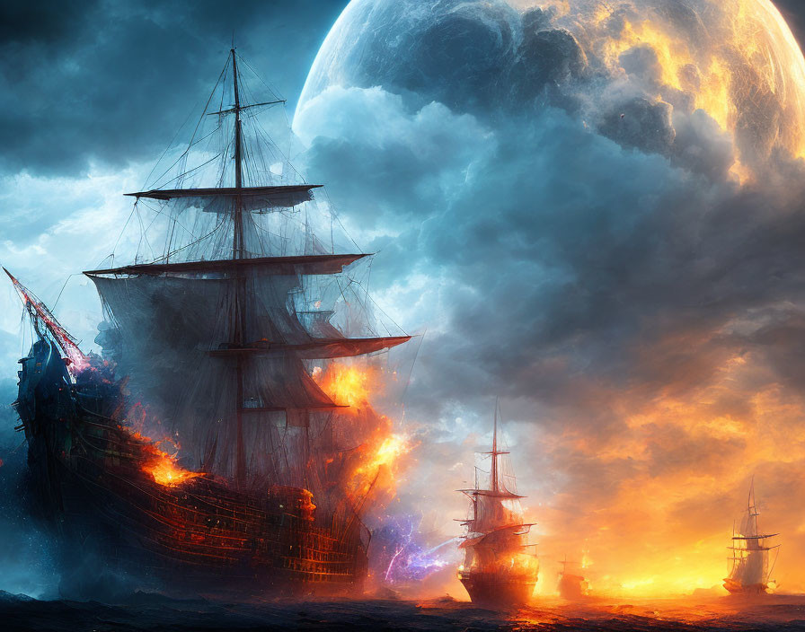 Ghostly ships and giant moon in stormy sky: a fantastical scene of adventure and mystery