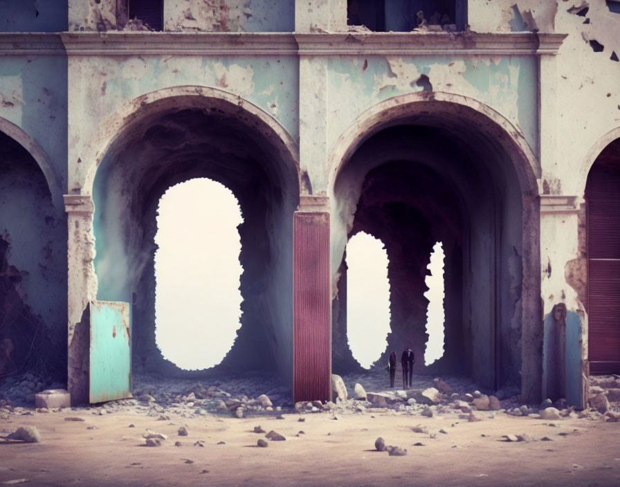 Dilapidated building with arched doorways and rubble, person visible.