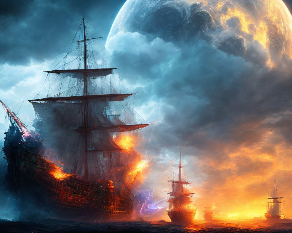 Ghostly ships and giant moon in stormy sky: a fantastical scene of adventure and mystery