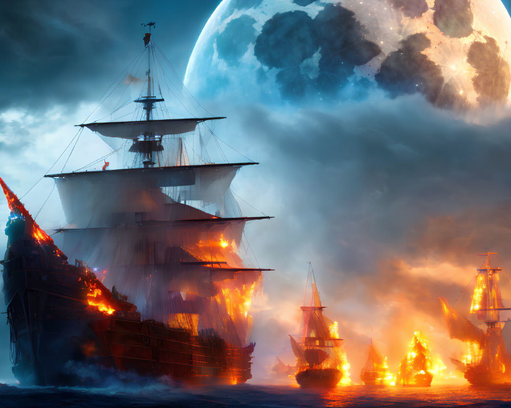 Fiery battle of sailing ships under large moon