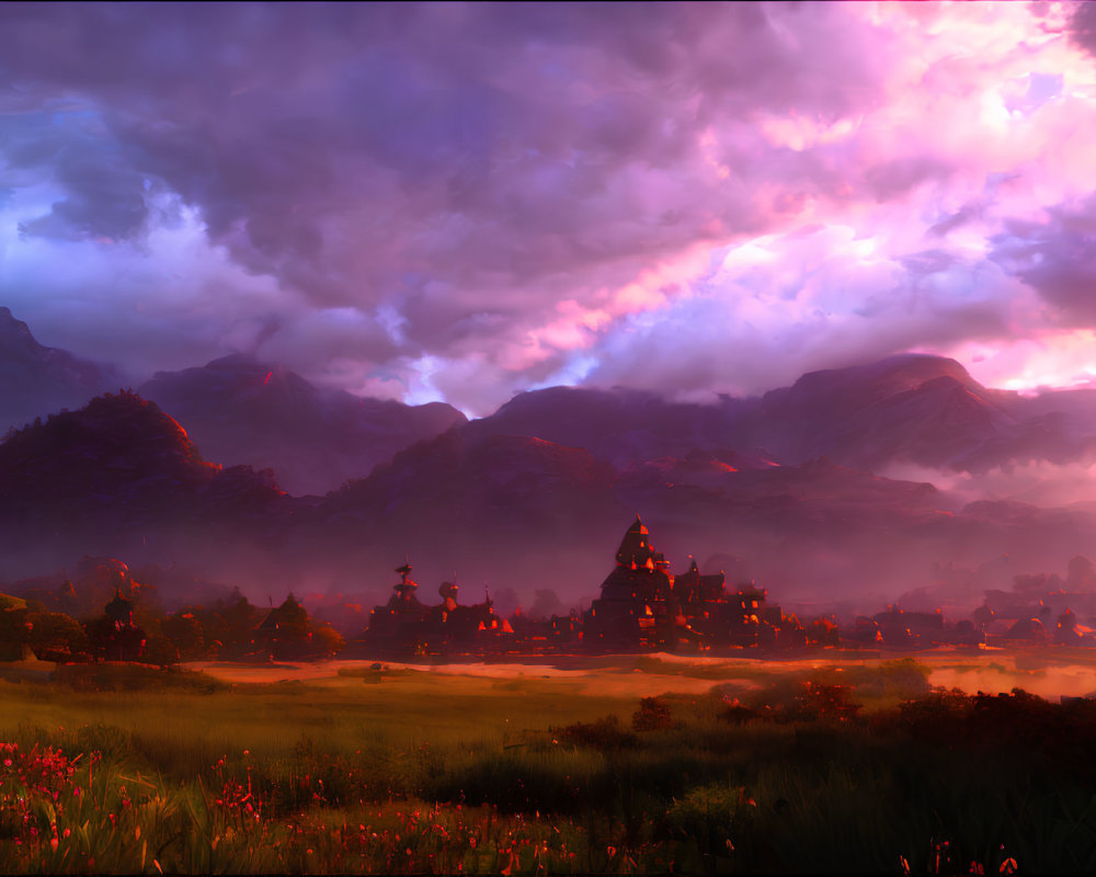 Majestic sunset fantasy landscape with purple sky, castle, mountains, and red flowers