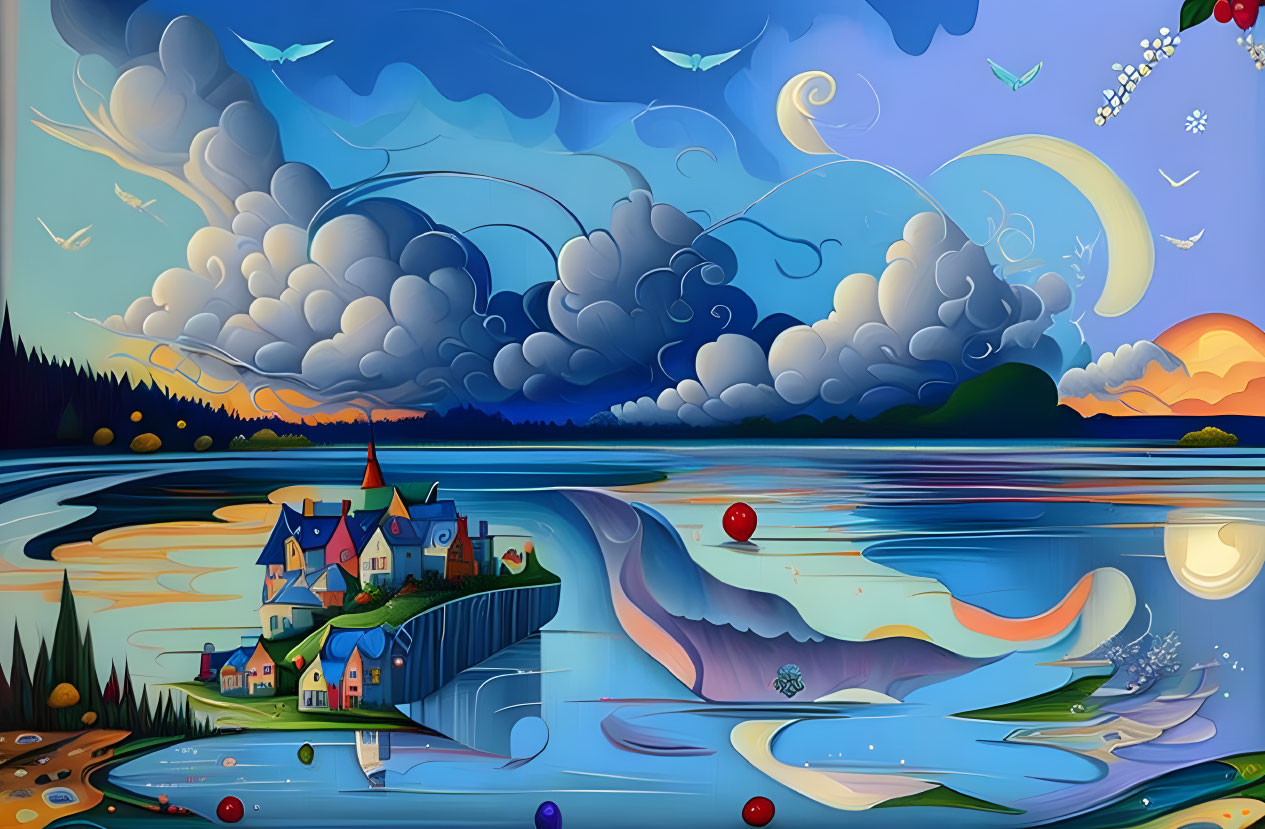 Colorful surreal landscape with ocean waves, village, clouds, birds, and crescent moon