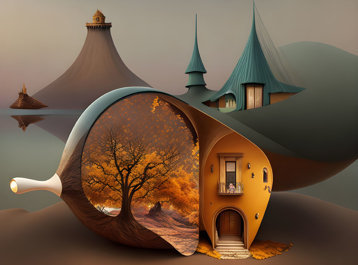 Unique Autumn Landscape with Teardrop Houses and Snail-like Abode