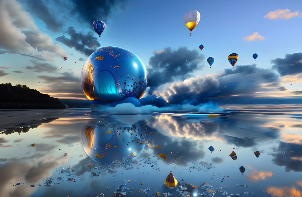 Surreal hot air balloons and giant reflective sphere over mirrored water at sunset