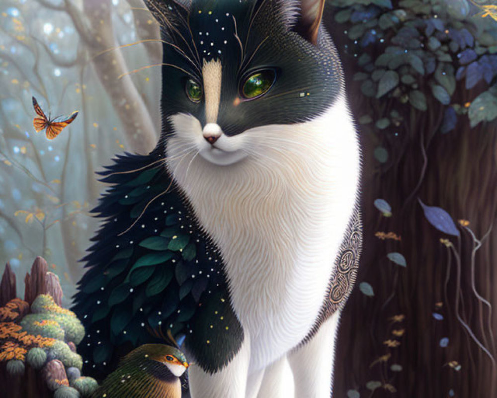 Mystical cat with feathered cloak in enchanted forest scene