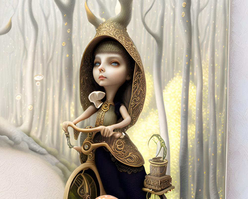 Fantasy illustration: Antlered character on mushroom in enchanted forest
