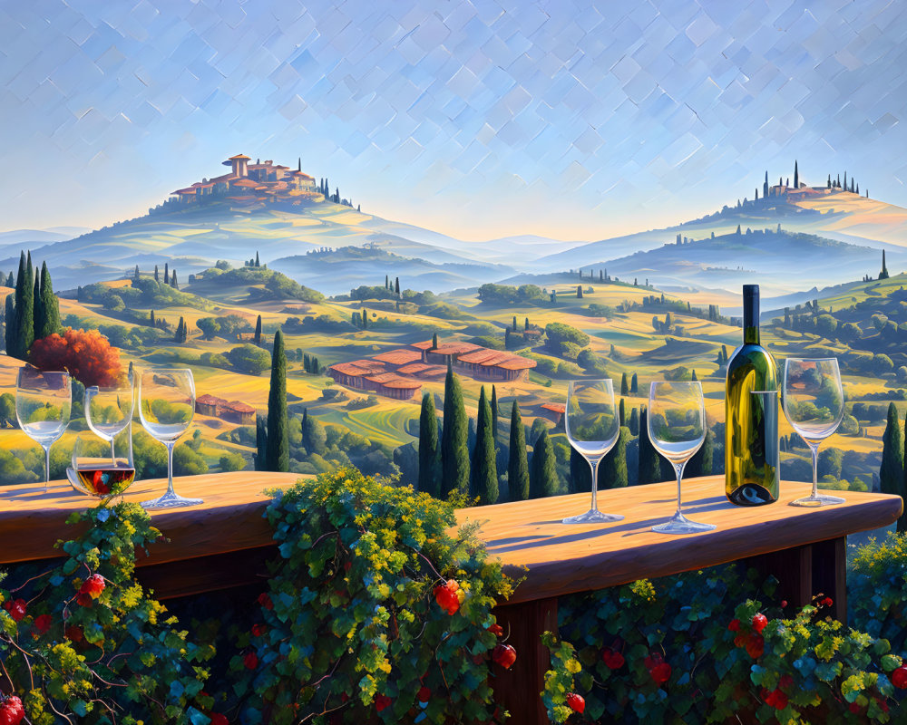 Illustration of rolling hills, vineyards, wine bottle, glasses, and village under clear sky