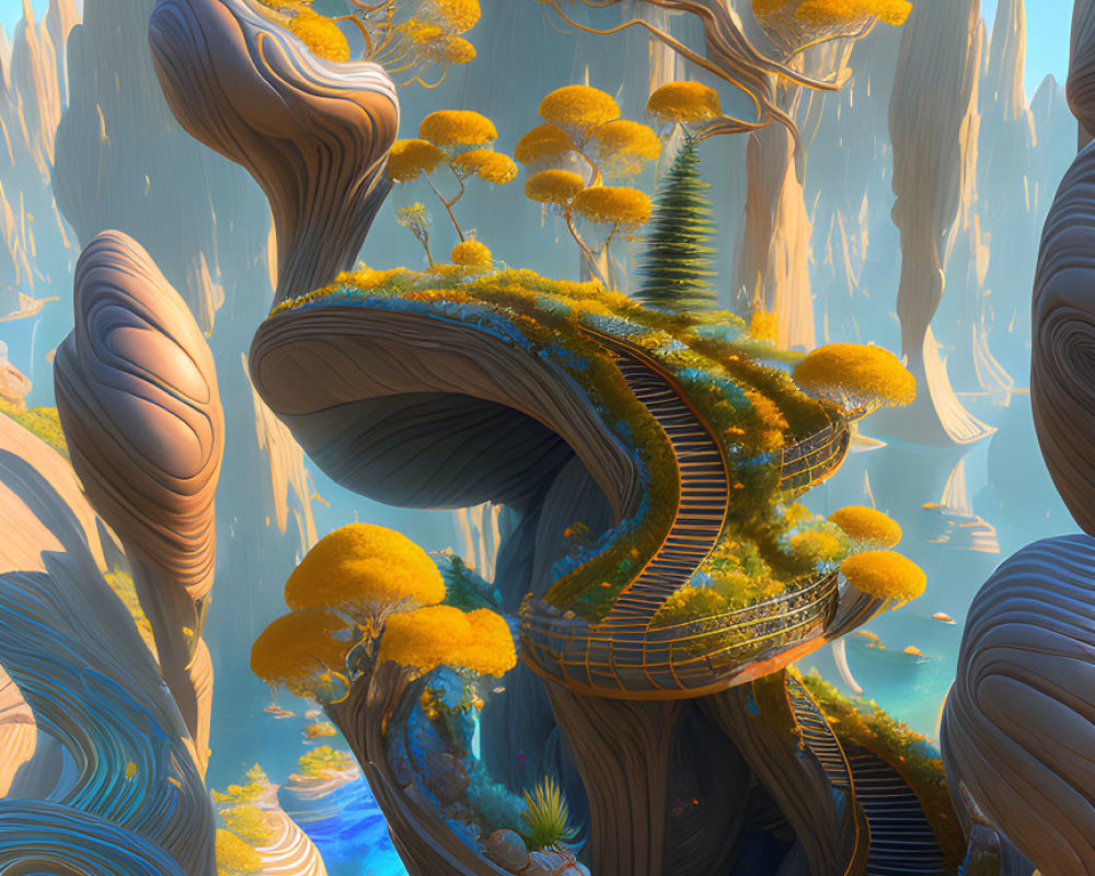 Fantastical landscape with twisted rock formations and vibrant yellow trees
