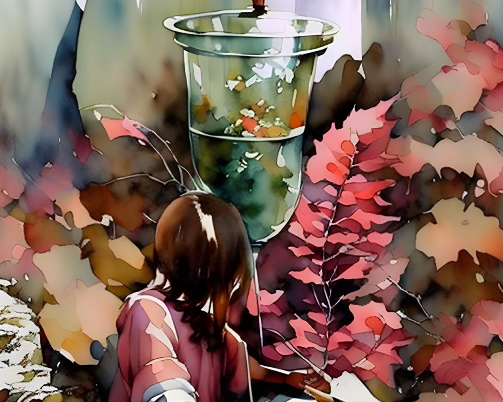 Vibrant watercolor painting of girl by pond with fishing pole