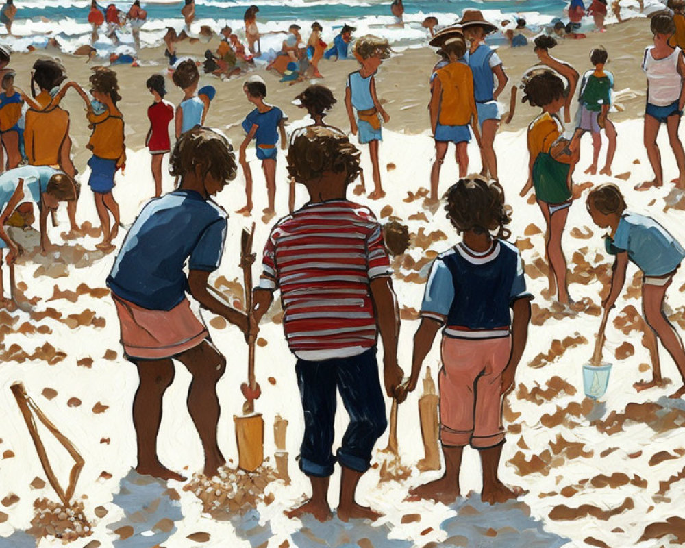 Children playing and building sandcastles on a beach illustration from behind