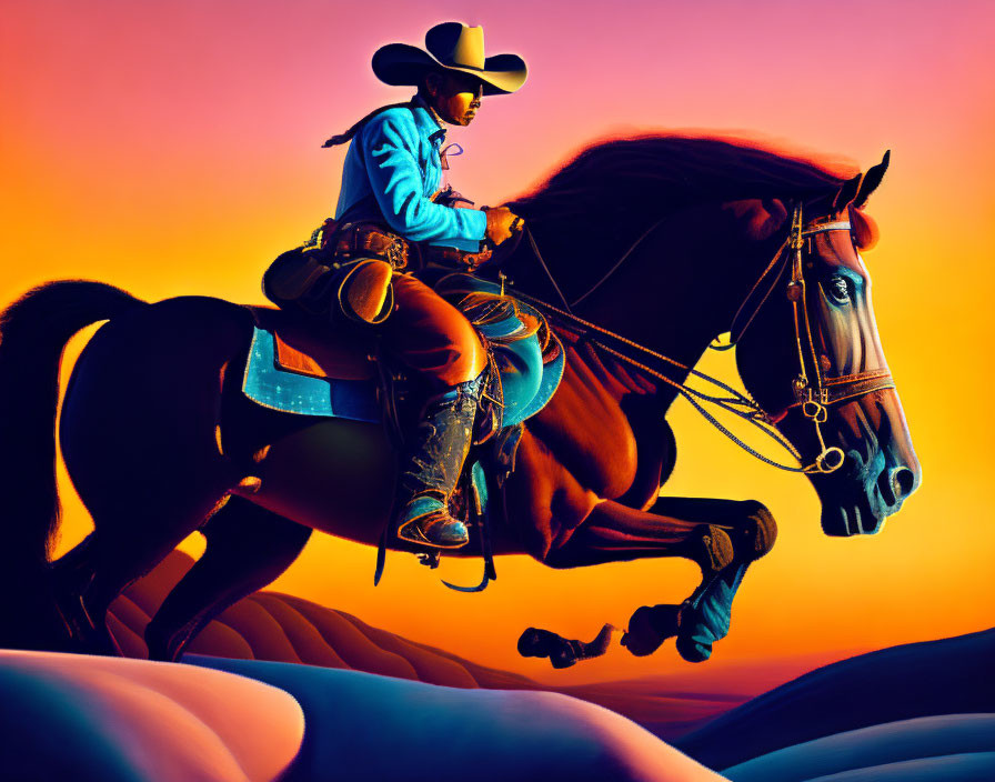 Cowboy riding galloping horse in traditional attire against vibrant background