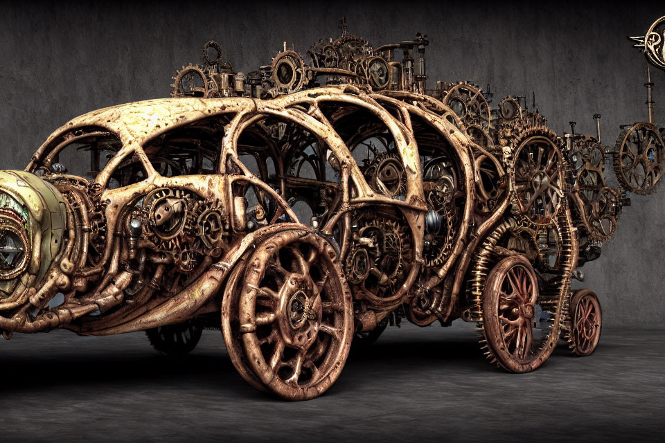 Intricate Steampunk Car Sculpture with Gears and Cogs