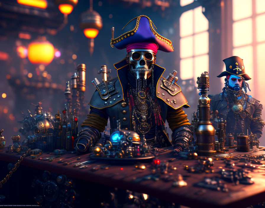 Skeleton in Pirate Outfit Surrounded by Steampunk Gadgets